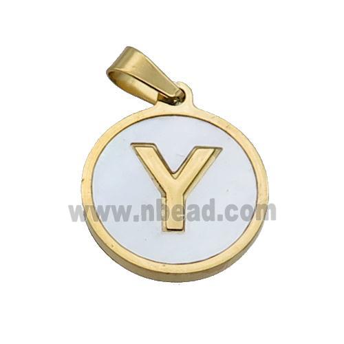 Stainless Steel Pendant Pave White Shell Letter-Y Gold Plated