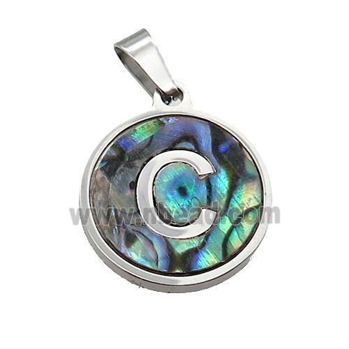 Raw Stainless Steel Pendant Pave Abalone Shell Letter-C