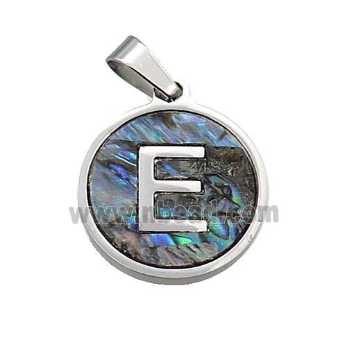 Raw Stainless Steel Pendant Pave Abalone Shell Letter-E