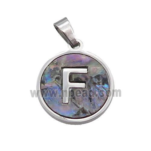 Raw Stainless Steel Pendant Pave Abalone Shell Letter-F