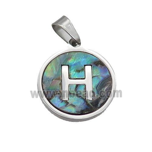 Raw Stainless Steel Pendant Pave Abalone Shell Letter-H