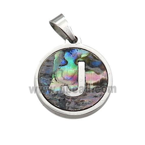 Raw Stainless Steel Pendant Pave Abalone Shell Letter-J