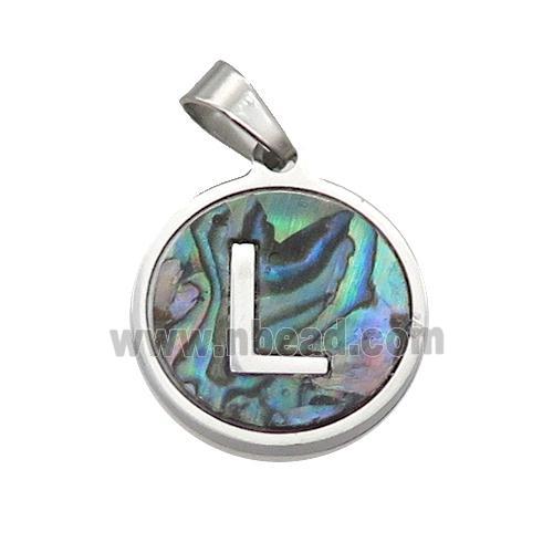 Raw Stainless Steel Pendant Pave Abalone Shell Letter-L