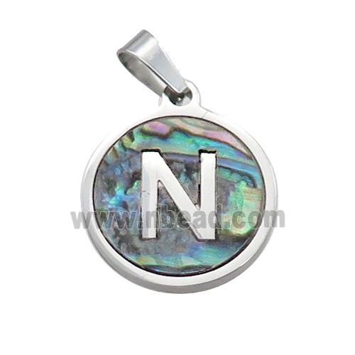 Raw Stainless Steel Pendant Pave Abalone Shell Letter-N