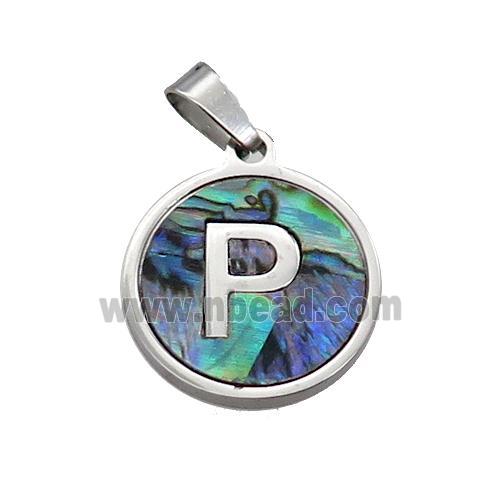 Raw Stainless Steel Pendant Pave Abalone Shell Letter-P