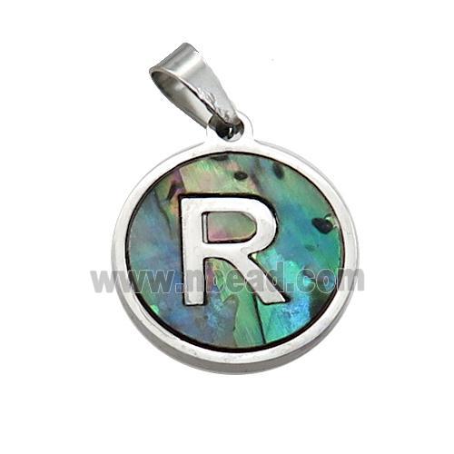 Raw Stainless Steel Pendant Pave Abalone Shell Letter-R