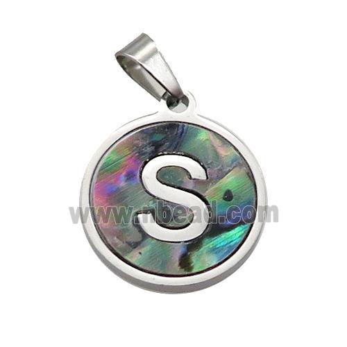 Raw Stainless Steel Pendant Pave Abalone Shell Letter-S