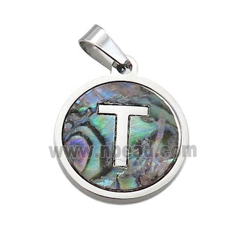Raw Stainless Steel Pendant Pave Abalone Shell Letter-T