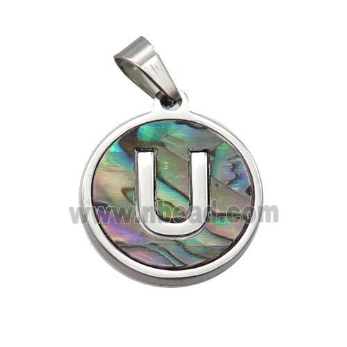 Raw Stainless Steel Pendant Pave Abalone Shell Letter-U