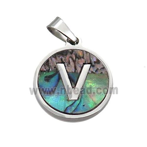 Raw Stainless Steel Pendant Pave Abalone Shell Letter-V