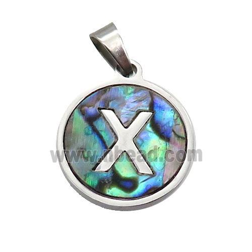 Raw Stainless Steel Pendant Pave Abalone Shell Letter-X