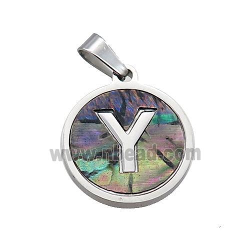 Raw Stainless Steel Pendant Pave Abalone Shell Letter-Y