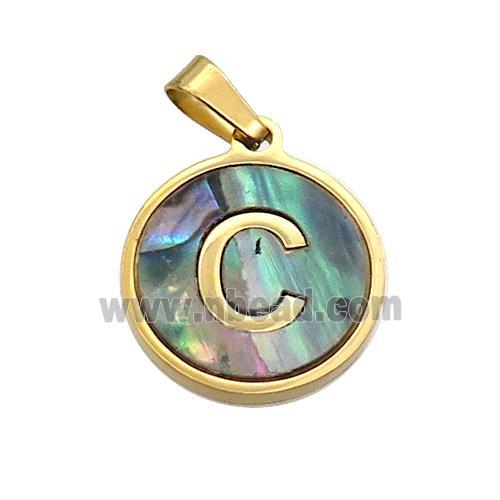 Stainless Steel Pendant Pave Abalone Shell Letter-C Gold Plated