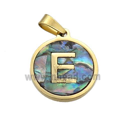 Stainless Steel Pendant Pave Abalone Shell Letter-E Gold Plated