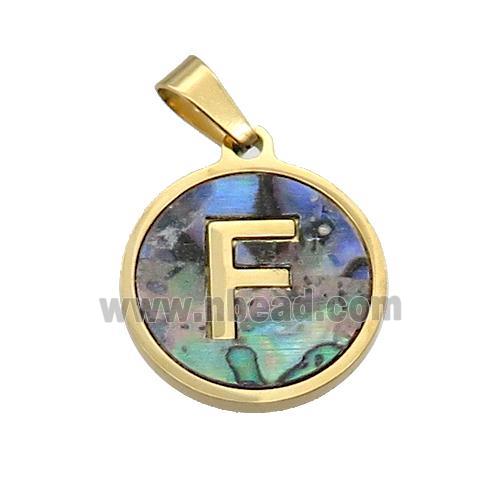 Stainless Steel Pendant Pave Abalone Shell Letter-F Gold Plated