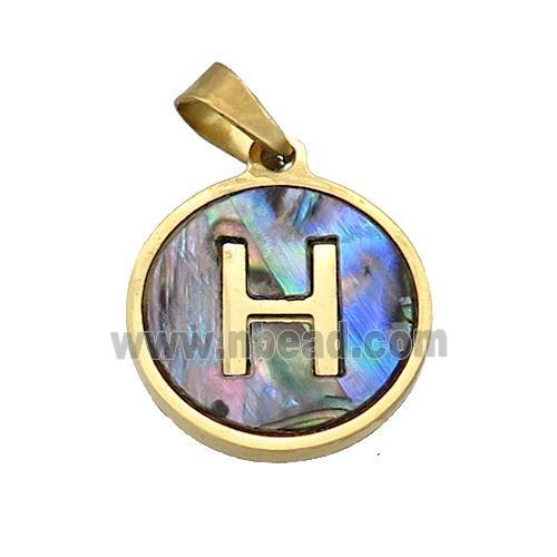 Stainless Steel Pendant Pave Abalone Shell Letter-H Gold Plated