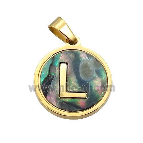 Stainless Steel Pendant Pave Abalone Shell Letter-L Gold Plated
