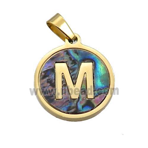 Stainless Steel Pendant Pave Abalone Shell Letter-M Gold Plated