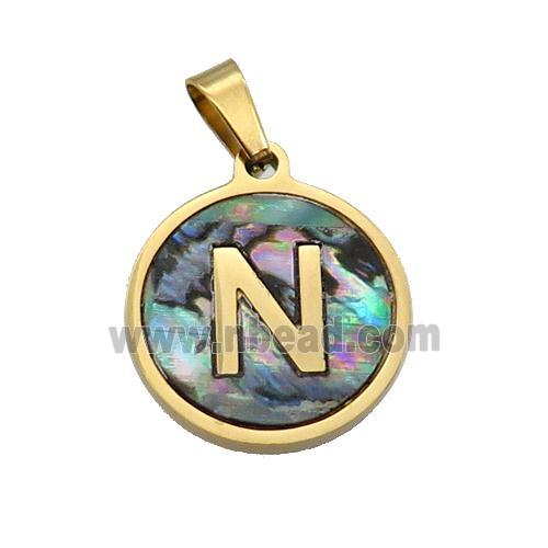 Stainless Steel Pendant Pave Abalone Shell Letter-N Gold Plated