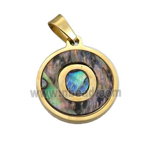 Stainless Steel Pendant Pave Abalone Shell Letter-O Gold Plated