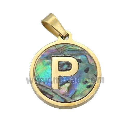 Stainless Steel Pendant Pave Abalone Shell Letter-P Gold Plated