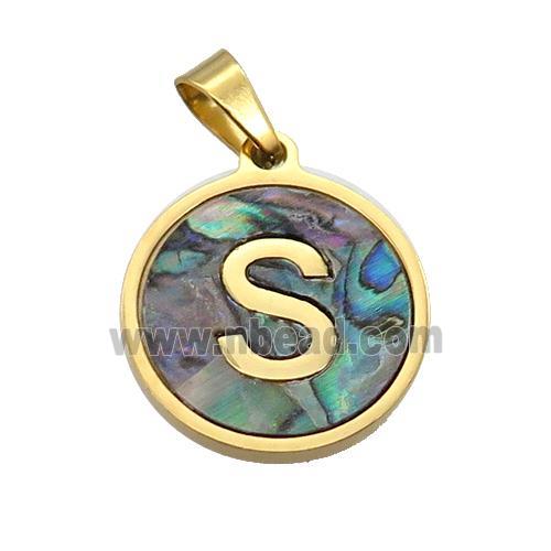 Stainless Steel Pendant Pave Abalone Shell Letter-S Gold Plated