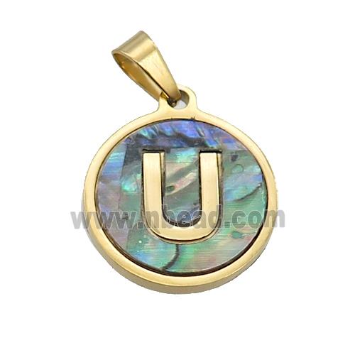 Stainless Steel Pendant Pave Abalone Shell Letter-U Gold Plated