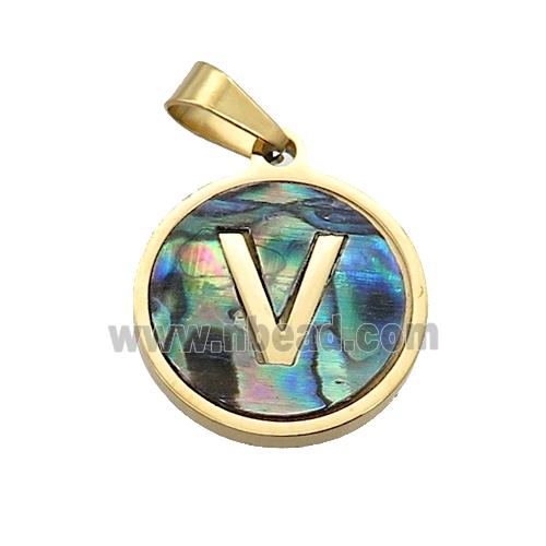 Stainless Steel Pendant Pave Abalone Shell Letter-V Gold Plated