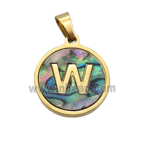 Stainless Steel Pendant Pave Abalone Shell Letter-W Gold Plated