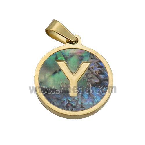 Stainless Steel Pendant Pave Abalone Shell Letter-Y Gold Plated