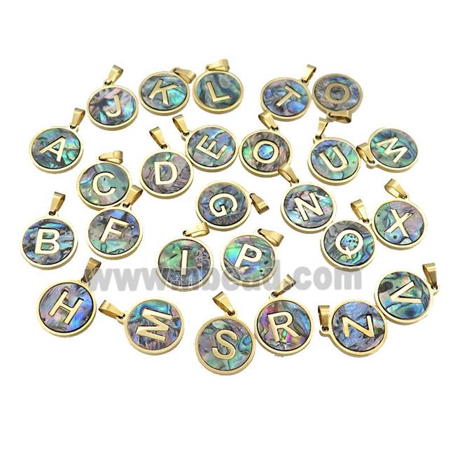 Stainless Steel Letter Pendant Pave Abalone Shell Mix Alphabet Gold Plated