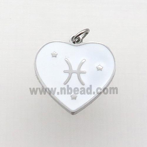 Raw Stainless Steel Heart Pendant White Enamel Zodiac Pisces