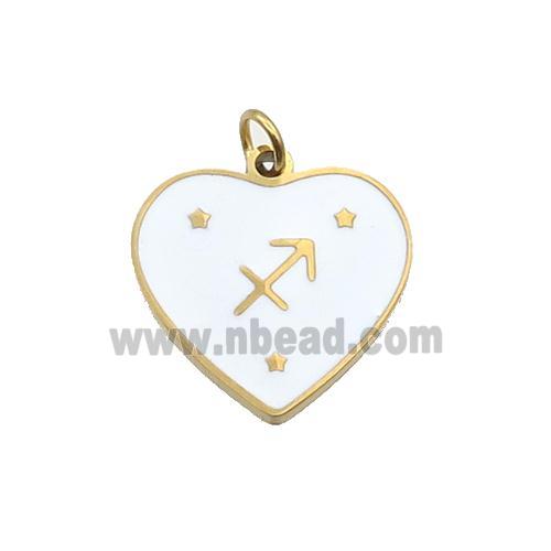 Stainless Steel Heart Pendant White Enamel Zodiac Sagittarius Gold Plated