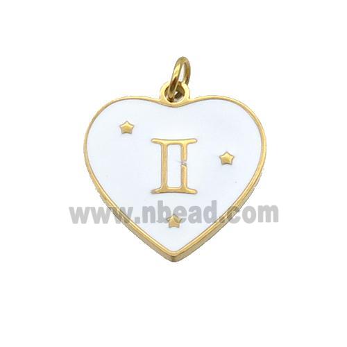 Stainless Steel Heart Pendant White Enamel Zodiac Gemini Gold Plated