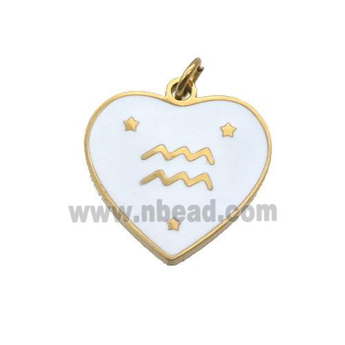 Stainless Steel Heart Pendant White Enamel Zodiac Aquarius Gold Plated
