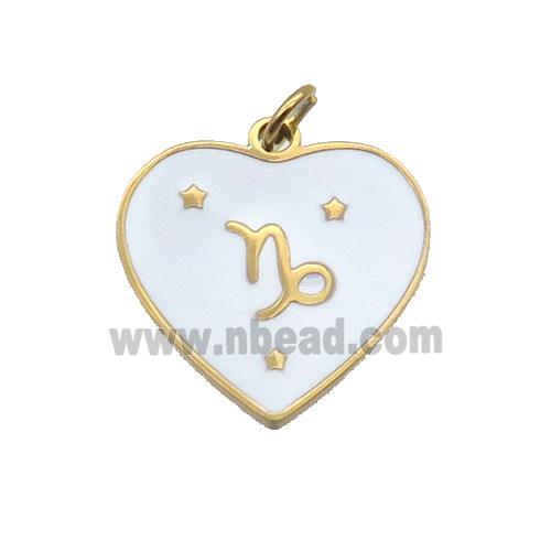 Stainless Steel Heart Pendant White Enamel Zodiac Capricorn Gold Plated