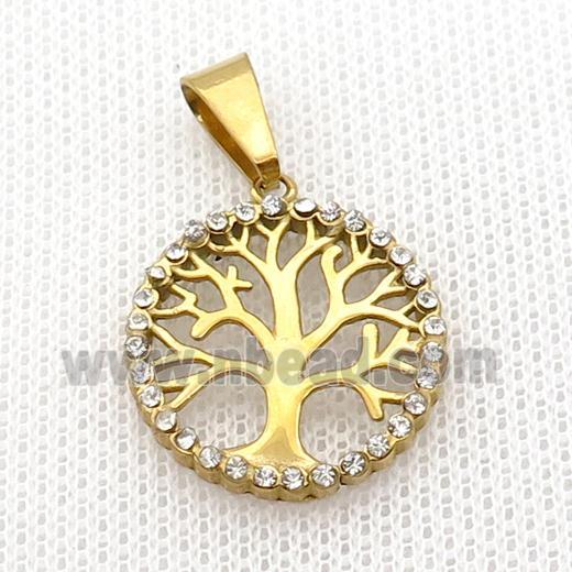 Stainless Steel Pendant Tree Of Life Pave Rhinestone Gold Plated