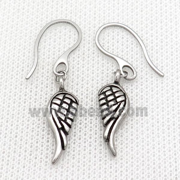 Stainless Steel Hook Earring Angel Wings Antique Silver