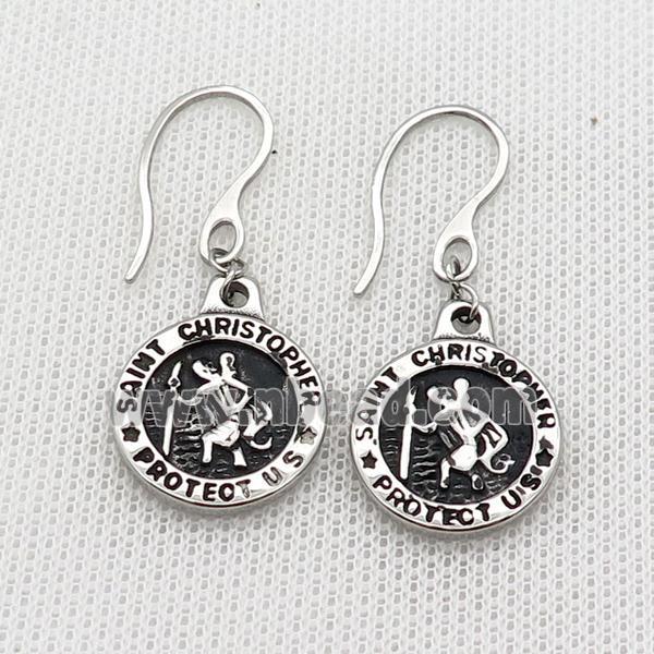 Stainless Steel Hook Earring Saint Christopher Antique Silver