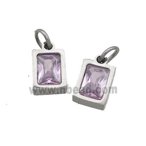 Raw Stainless Steel Pendant Pave Pink Zircon Rectangle