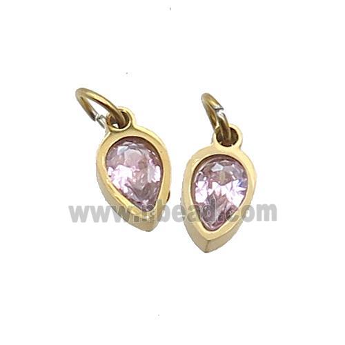 Stainless Steel Teardrop Pendant Pave Pink Zircon Gold Plated