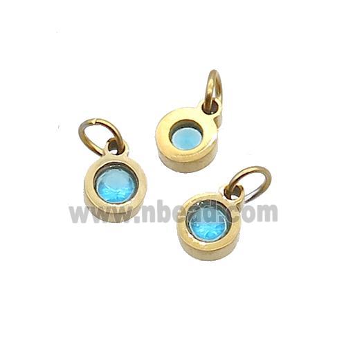 Stainless Steel Circle Pendant Pave Aqua Zircon Gold Plated