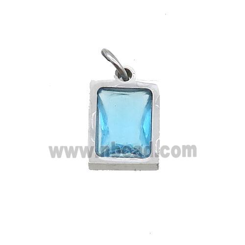 Raw Stainless Steel Rectangle Pendant Pave Blue Zircon
