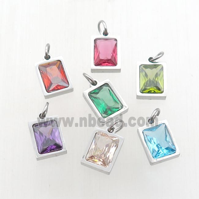 Raw Stainless Steel Rectangle Pendant Pave Zircon Mixed
