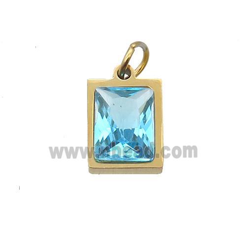 Stainless Steel Rectangle Pendant Pave Aqua Zircon Gold Plated