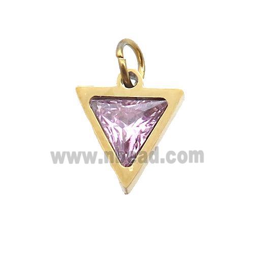 Stainless Steel Triangle Pendant Pave Pink Zircon Gold Plated