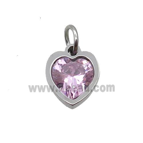 Raw Stainless Steel Heart Pendant Pave Pink Zircon