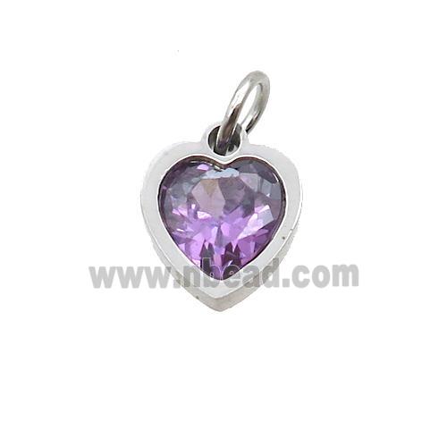 Raw Stainless Steel Heart Pendant Pave Purple Zircon