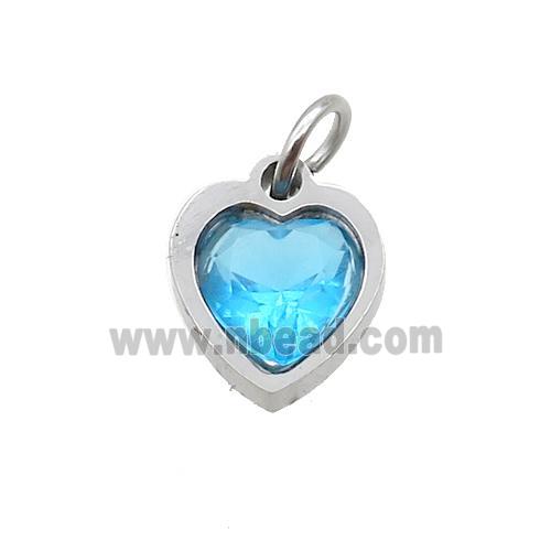 Raw Stainless Steel Heart Pendant Pave Blue Zircon