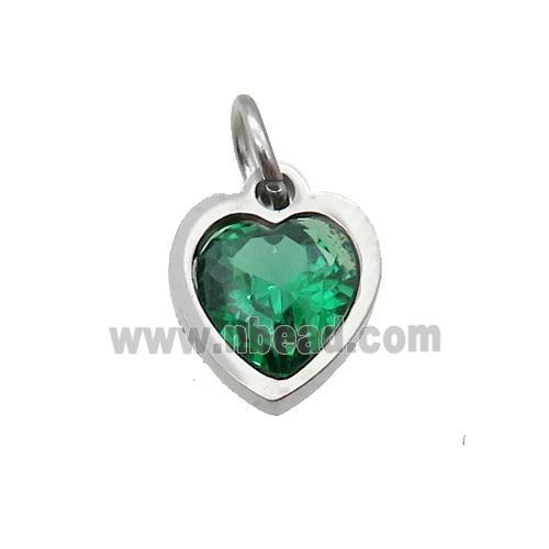 Raw Stainless Steel Heart Pendant Pave Green Zircon